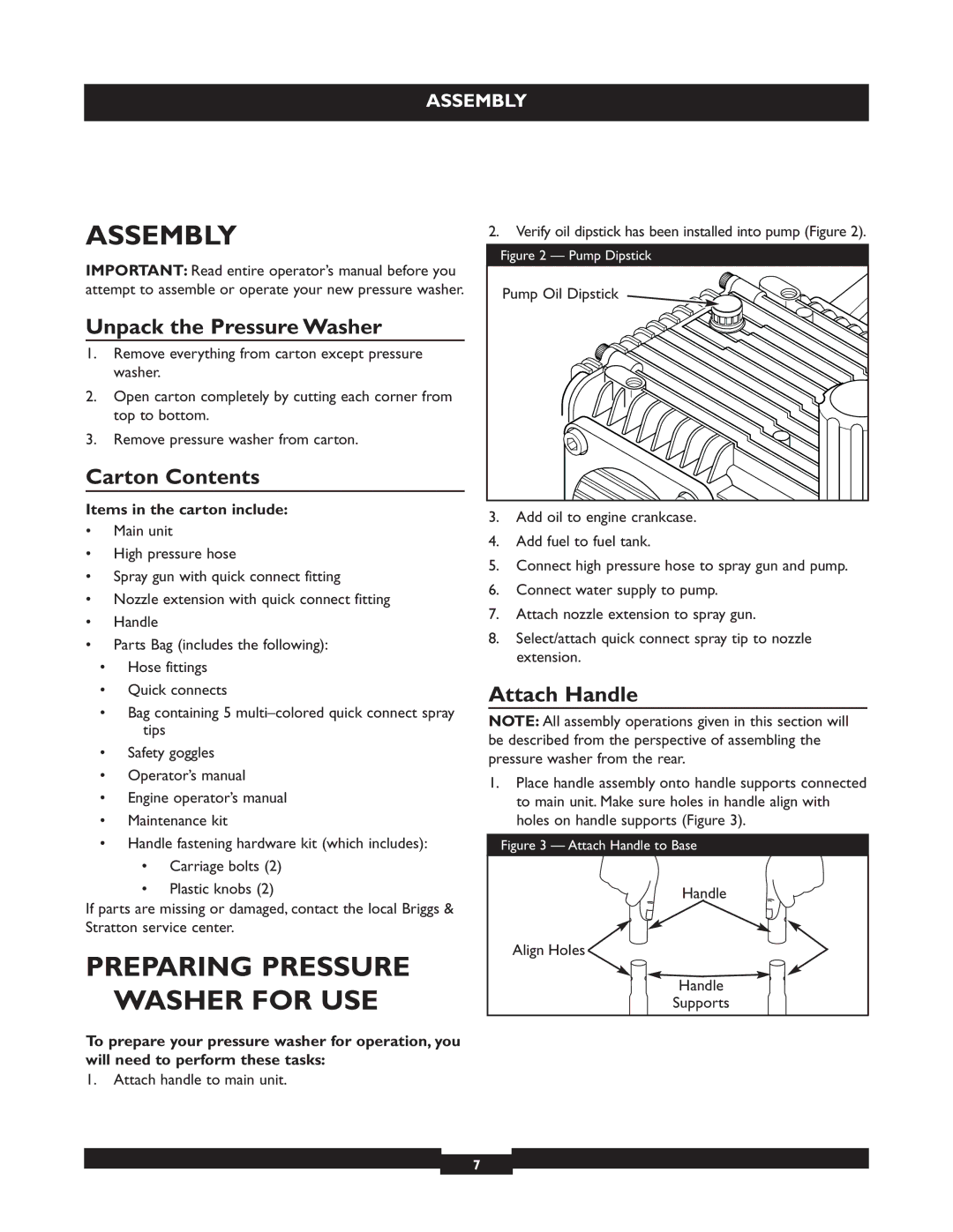 Briggs & Stratton 20255 manual Assembly, Preparing Pressure Washer for USE, Unpack the Pressure Washer, Carton Contents 