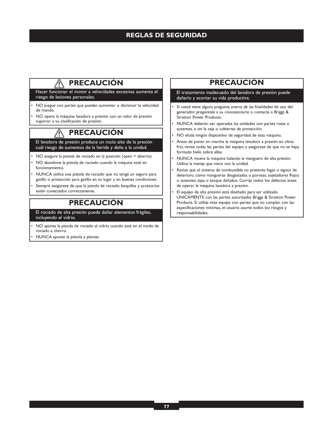 Briggs & Stratton 20255 manual Precaución 