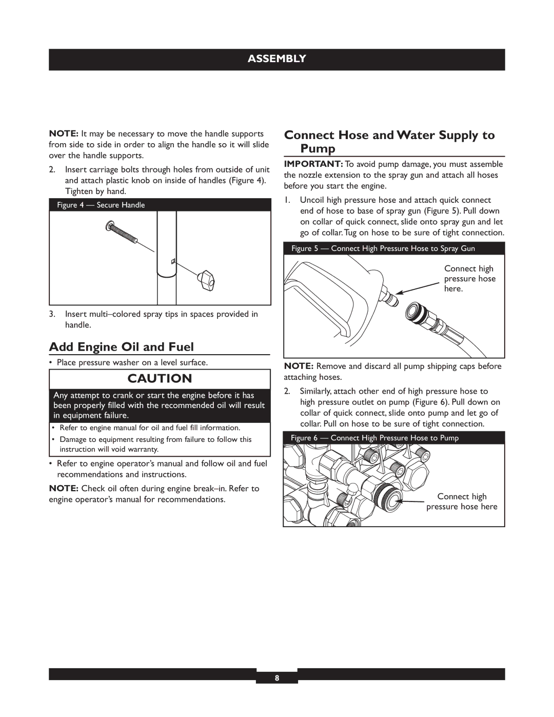 Briggs & Stratton 20255 manual Add Engine Oil and Fuel, Connect Hose and Water Supply to Pump 