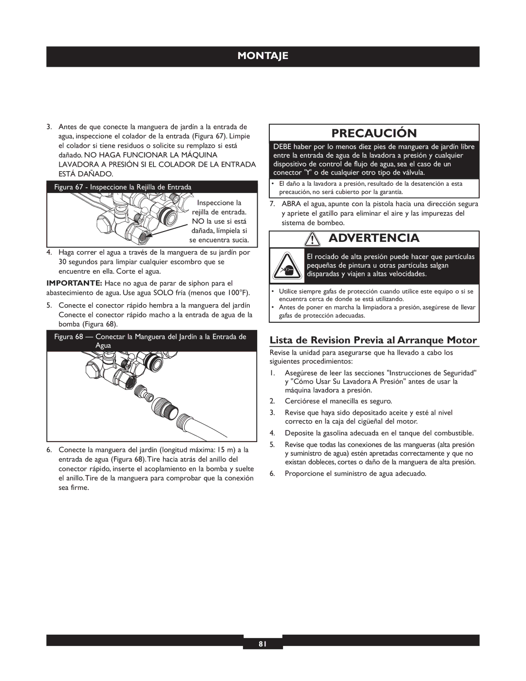 Briggs & Stratton 20255 manual Lista de Revision Previa al Arranque Motor, Proporcione el suministro de agua adecuado 