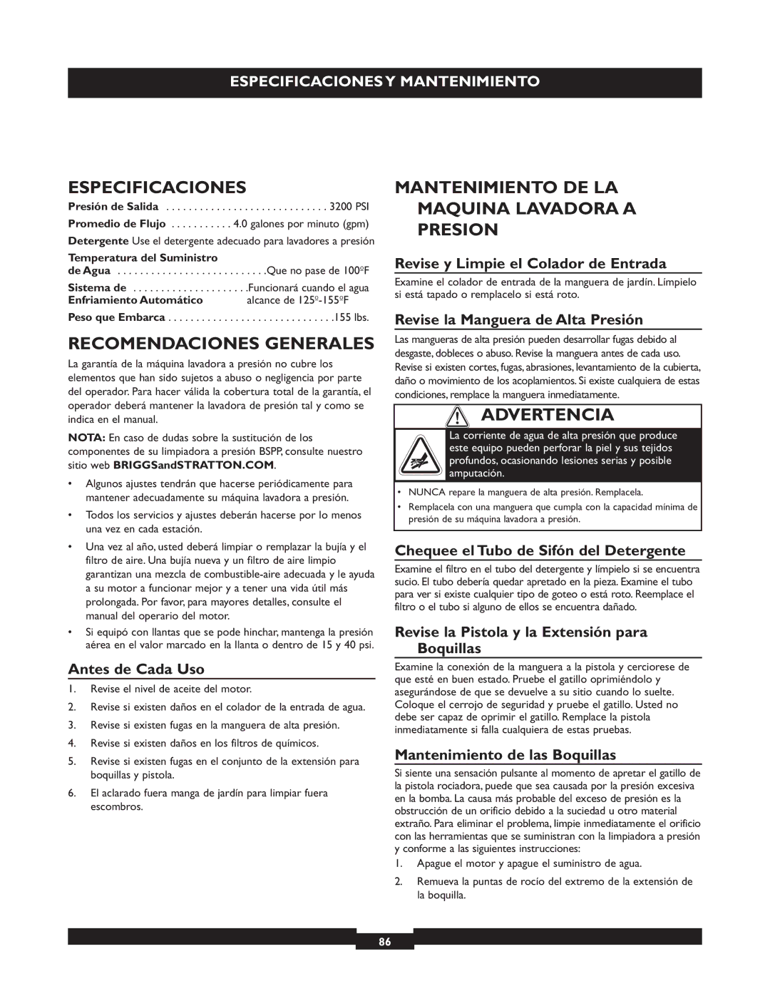 Briggs & Stratton 20255 manual Especificaciones, Recomendaciones Generales, Mantenimiento DE LA Maquina Lavadora a Presion 