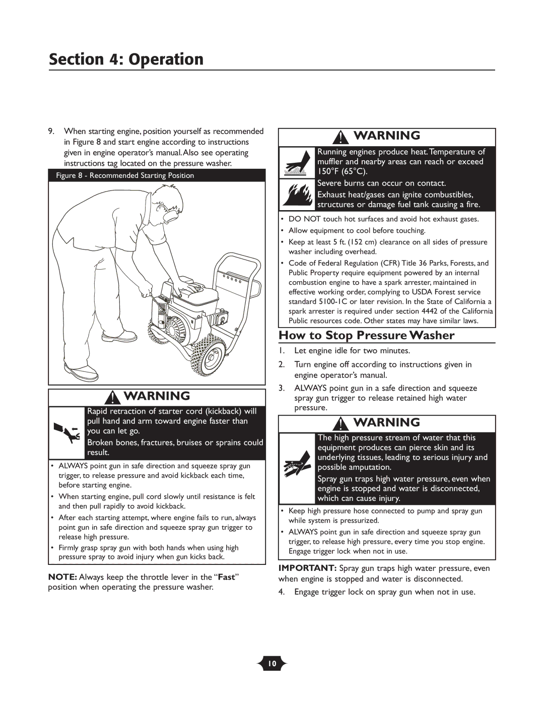 Briggs & Stratton 20258 manual Operation, How to Stop Pressure Washer 