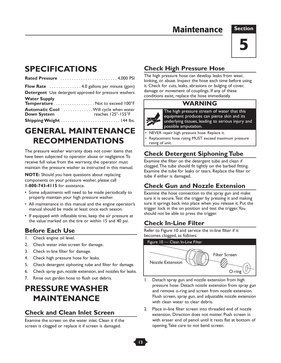 Briggs & Stratton 20258 manual Maintenance Section, Specifications, General Maintenance Recommendations 