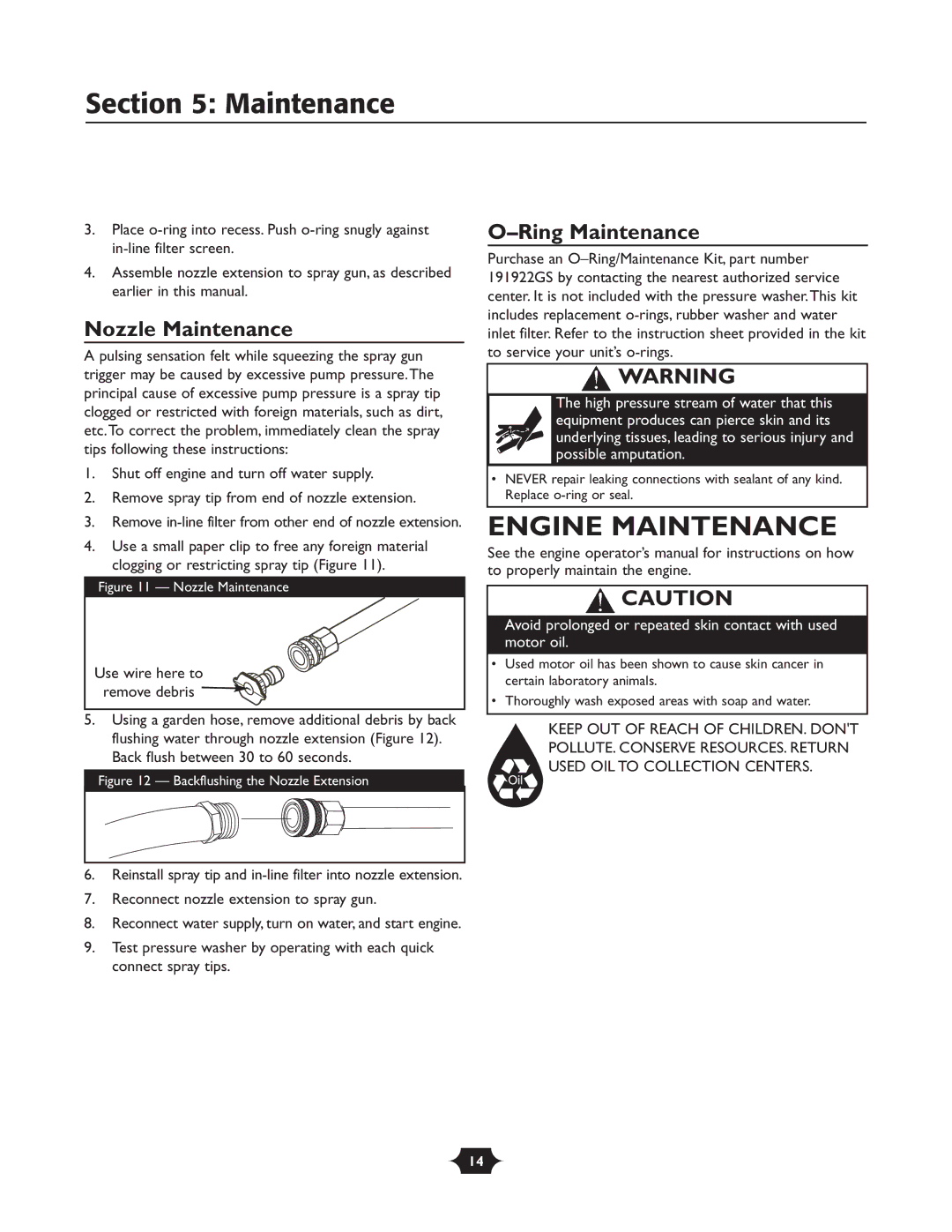 Briggs & Stratton 20258 manual Engine Maintenance, Nozzle Maintenance, Ring Maintenance 