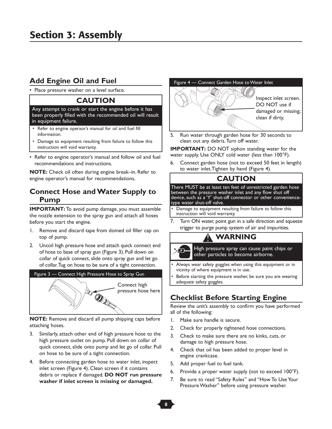 Briggs & Stratton 20258 manual Assembly, Add Engine Oil and Fuel, Connect Hose and Water Supply to Pump 