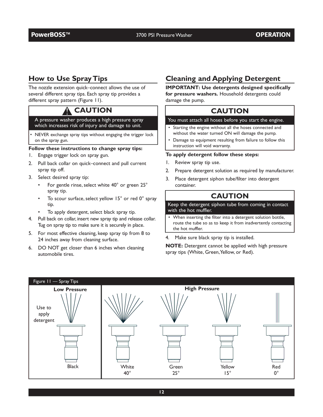 Briggs & Stratton 20262 operating instructions How to Use Spray Tips, Cleaning and Applying Detergent 