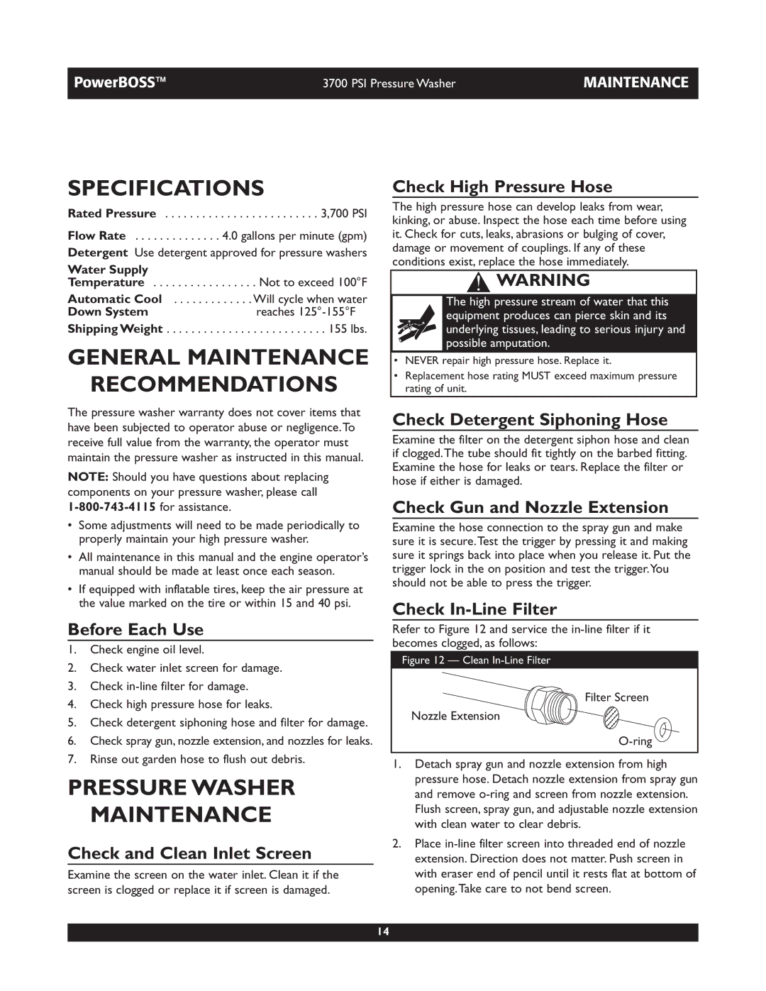 Briggs & Stratton 20262 Specifications, General Maintenance Recommendations, Pressure Washer Maintenance 