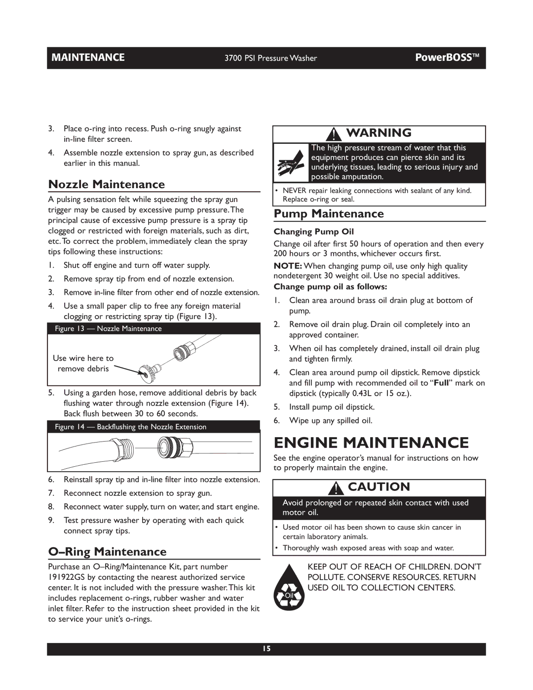 Briggs & Stratton 20262 operating instructions Engine Maintenance, Nozzle Maintenance, Pump Maintenance, Ring Maintenance 