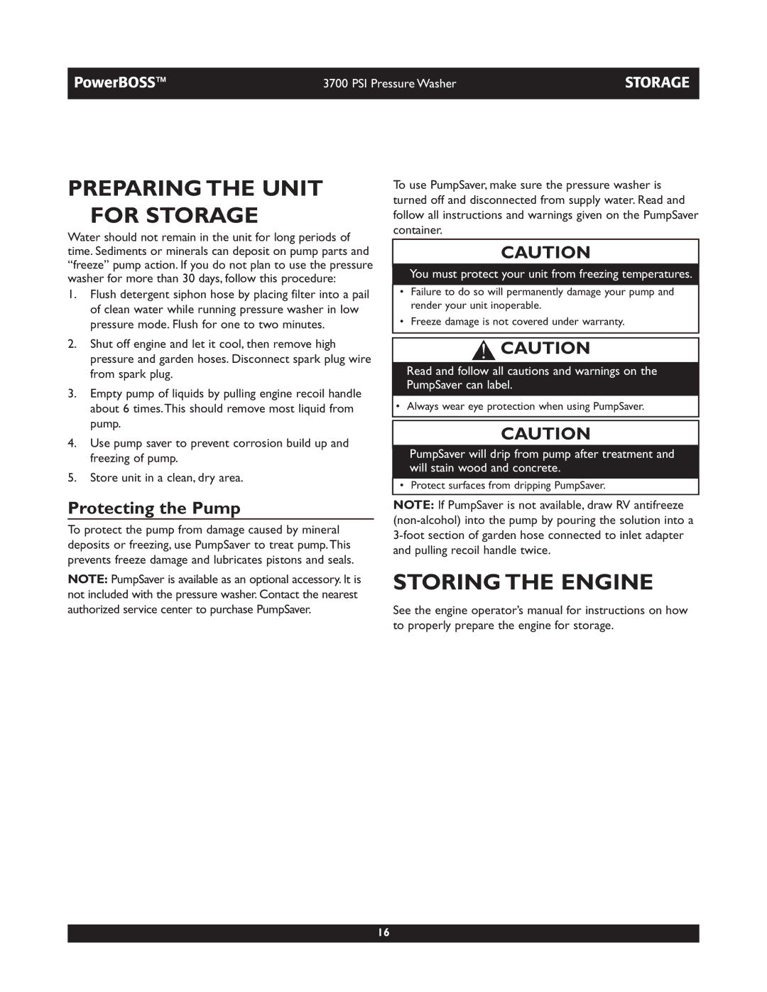 Briggs & Stratton 20262 operating instructions Preparing the Unit for Storage, Storing the Engine, Protecting the Pump 