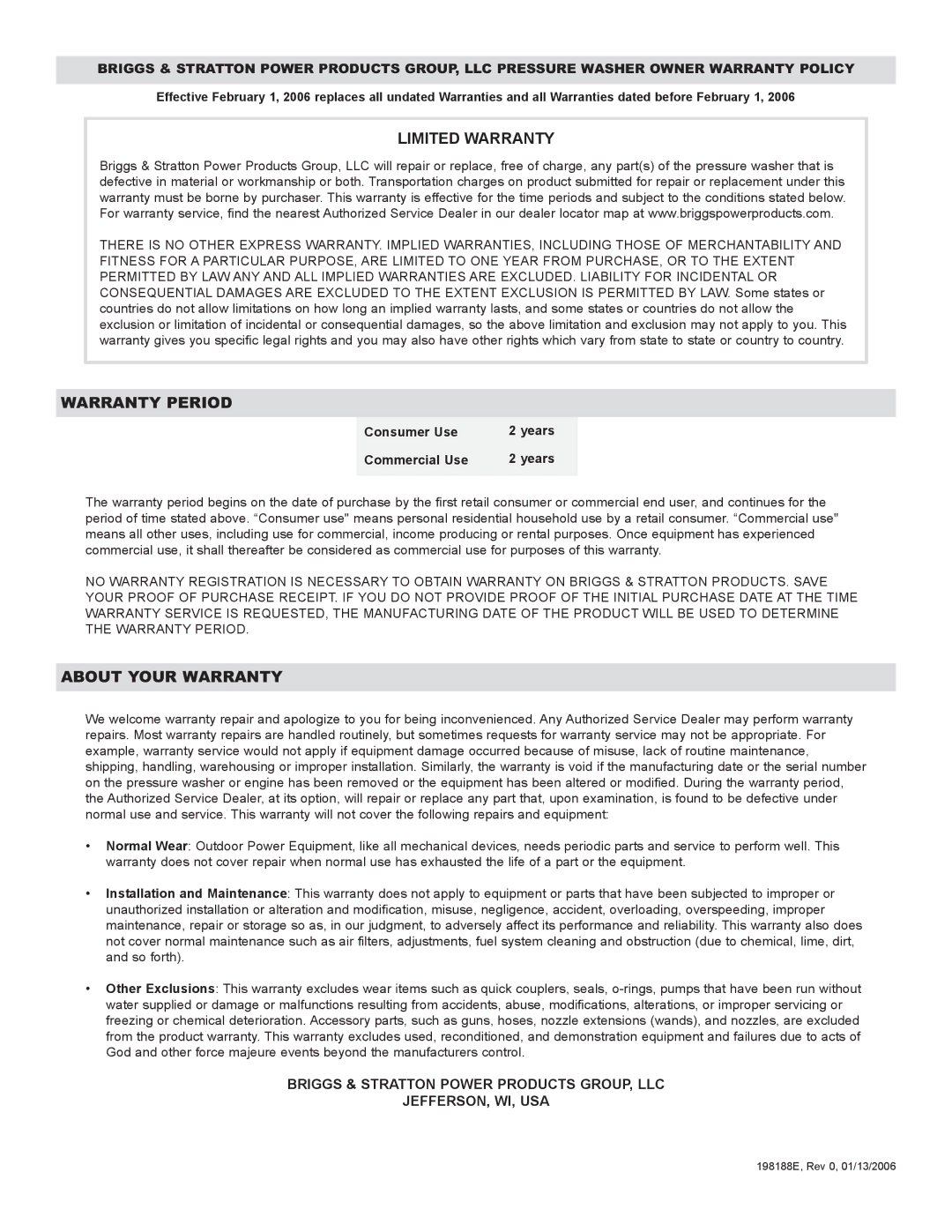 Briggs & Stratton 20262 operating instructions Limited Warranty 