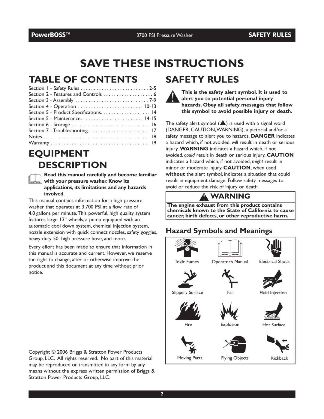 Briggs & Stratton 20262 operating instructions Table of Contents, Equipment Description, Safety Rules 