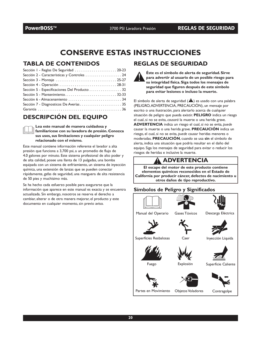 Briggs & Stratton 20262 Conserve Estas Instrucciones, Tabla DE Contenidos, Descripción DEL Equipo, Reglas DE Seguridad 