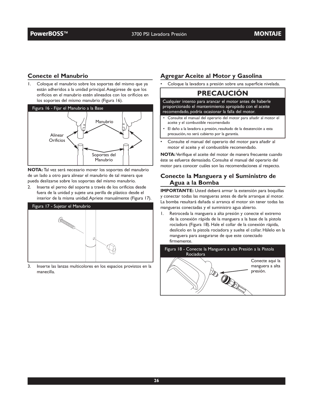 Briggs & Stratton 20262 operating instructions Conecte el Manubrio, Agregar Aceite al Motor y Gasolina 