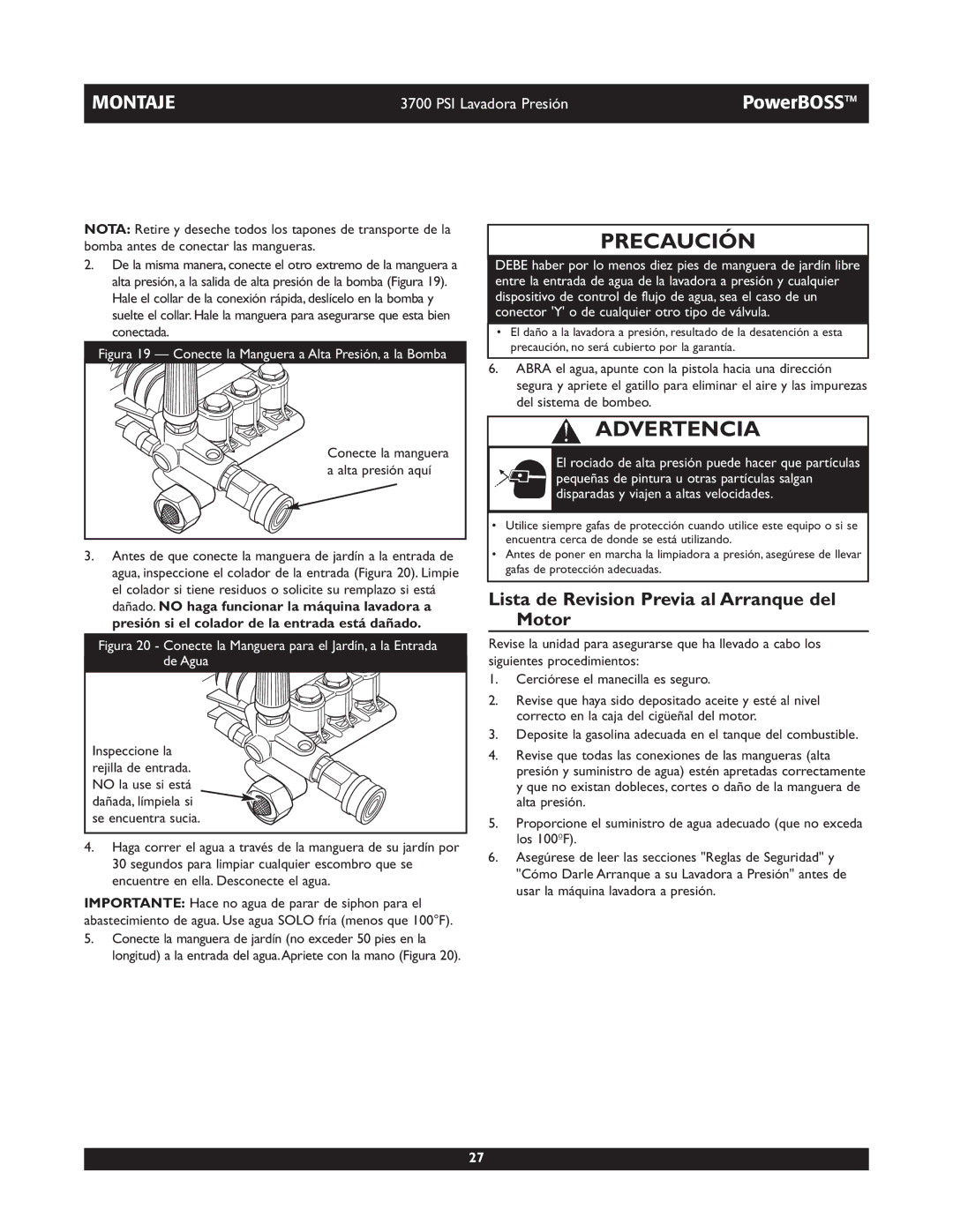 Briggs & Stratton 20262 operating instructions Lista de Revision Previa al Arranque del Motor, Alta presión aquí 