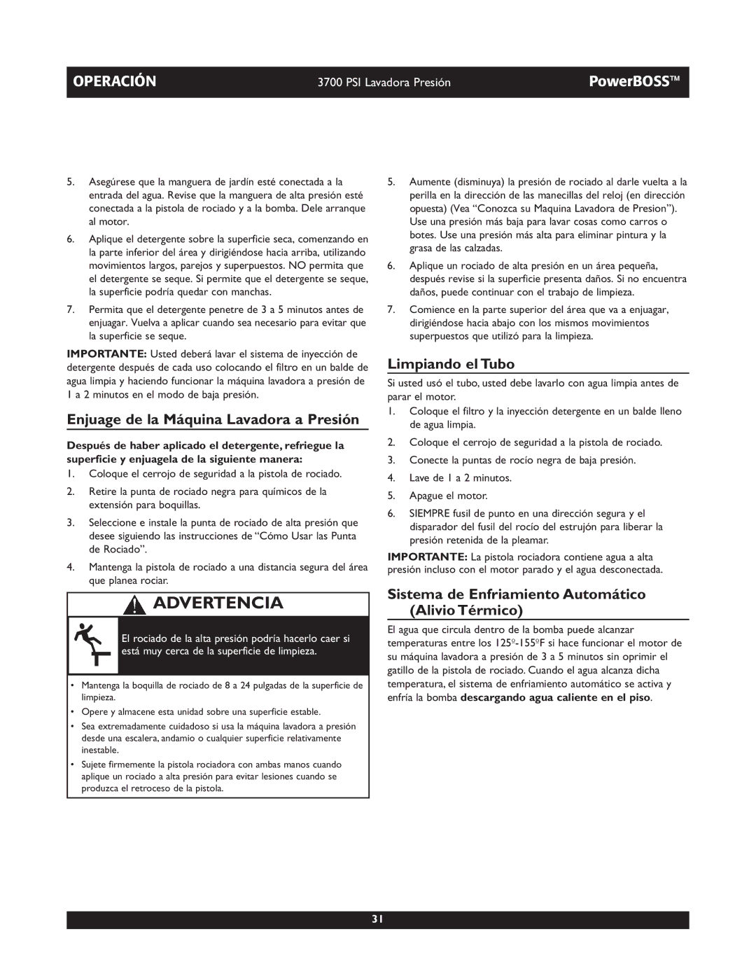 Briggs & Stratton 20262 operating instructions Enjuage de la Máquina Lavadora a Presión, Limpiando el Tubo 