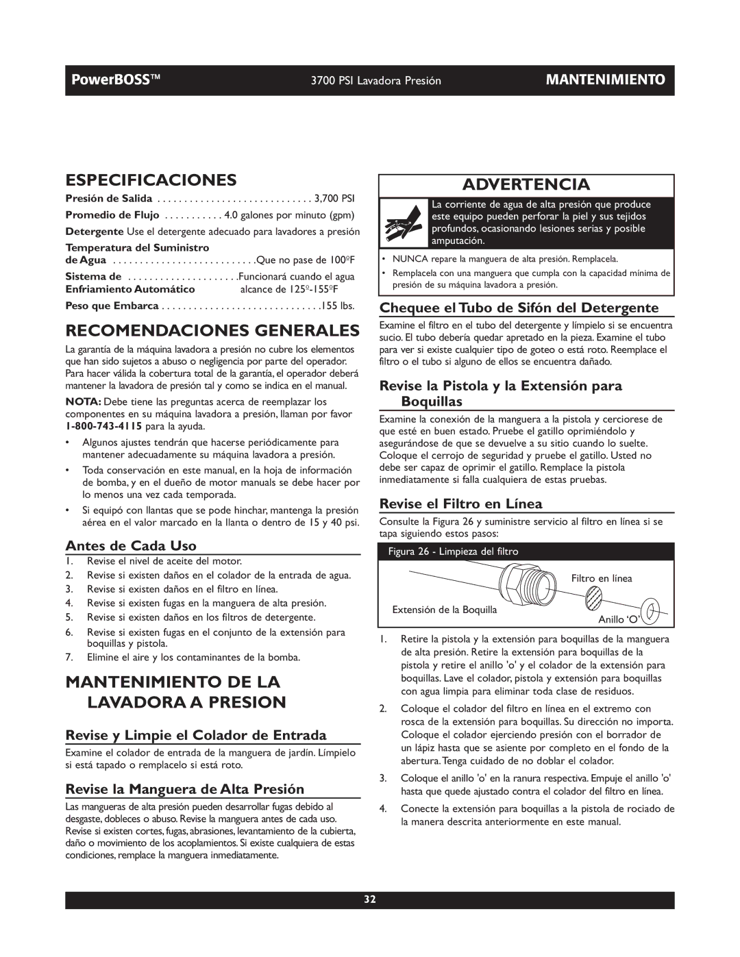 Briggs & Stratton 20262 Especificaciones, Recomendaciones Generales, Mantenimiento DE LA Lavadora a Presion 