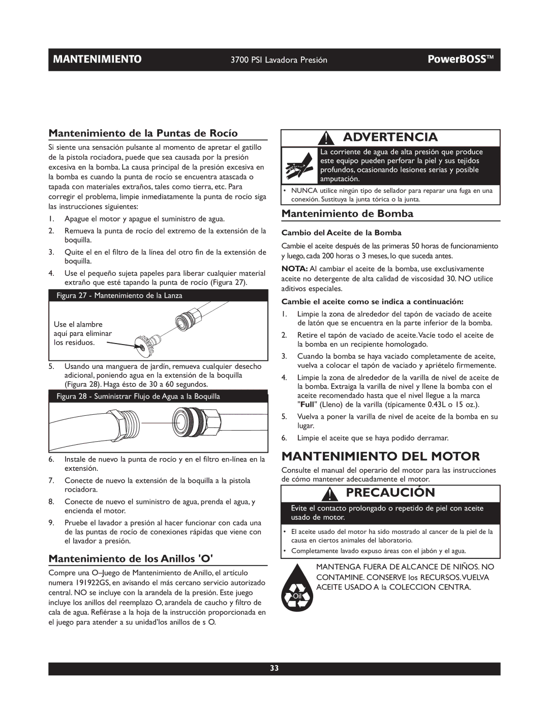 Briggs & Stratton 20262 Mantenimiento DEL Motor, Mantenimiento de la Puntas de Rocío, Mantenimiento de los Anillos O 