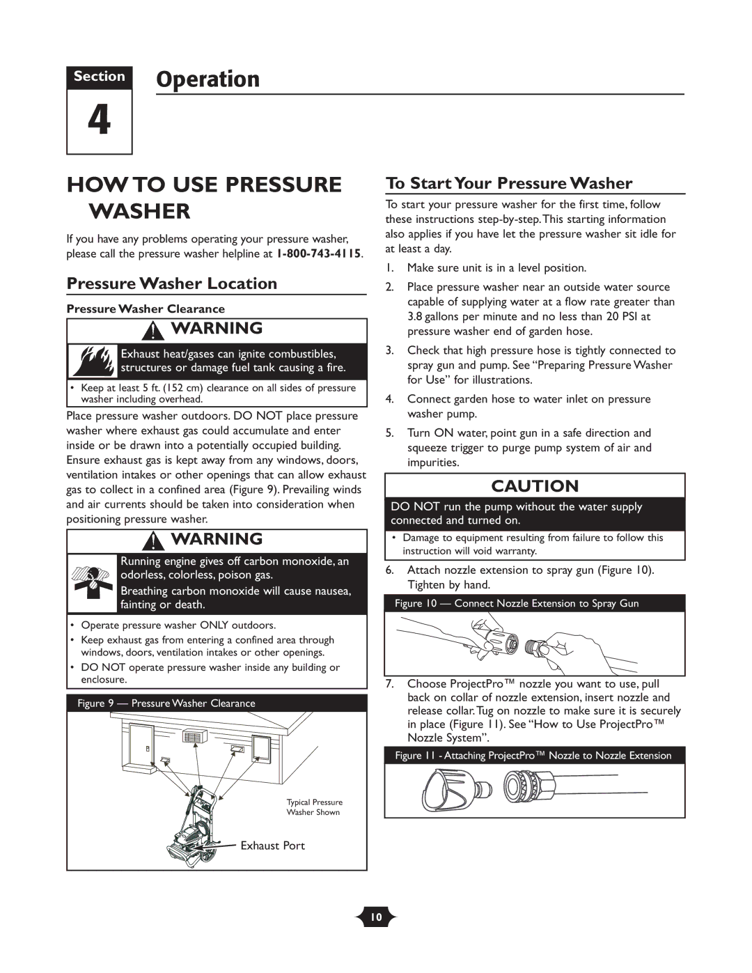 Briggs & Stratton 20263 Section Operation, HOW to USE Pressure Washer, Pressure Washer Location, Pressure Washer Clearance 