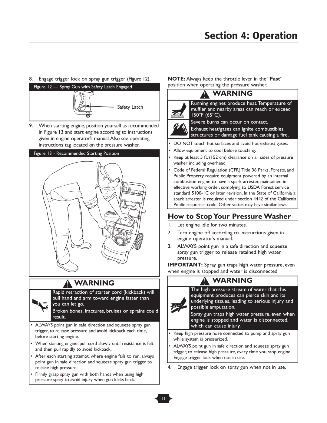 Briggs & Stratton 20263 manual Operation, How to Stop Your Pressure Washer, Engage trigger lock on spray gun trigger Figure 