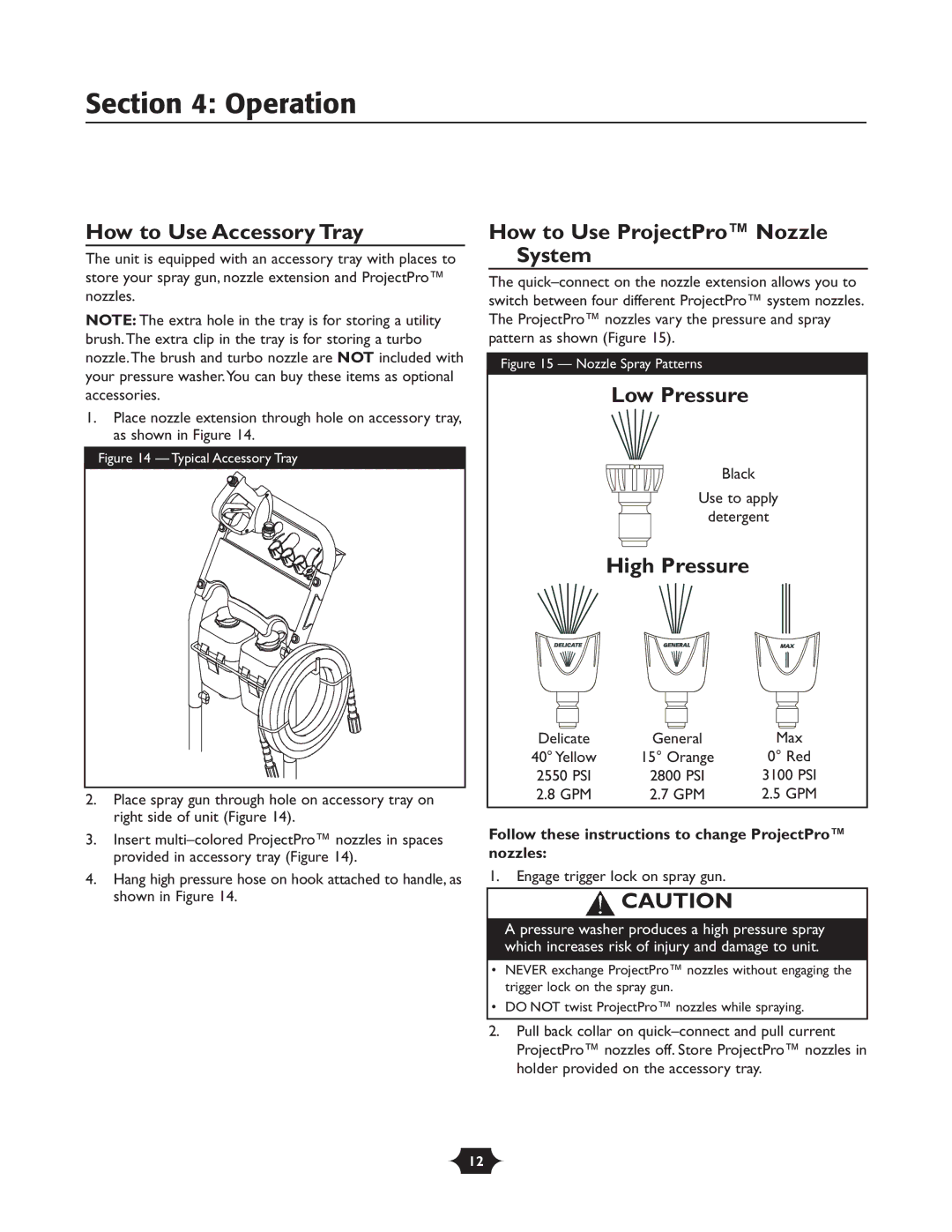 Briggs & Stratton 20263 How to Use Accessory Tray, How to Use ProjectPro Nozzle System, Engage trigger lock on spray gun 