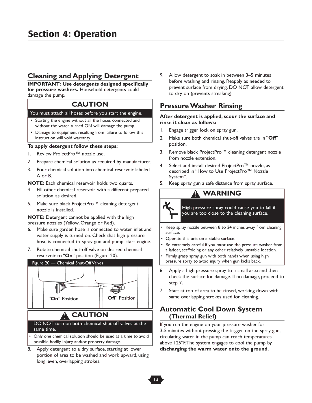 Briggs & Stratton 20263 manual Cleaning and Applying Detergent, Pressure Washer Rinsing, Automatic Cool Down System 