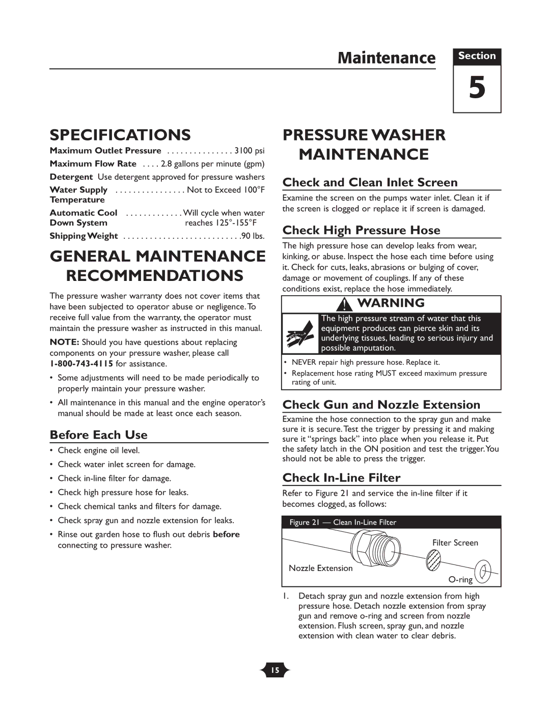 Briggs & Stratton 20263 manual Maintenance Section, Specifications, General Maintenance Recommendations 