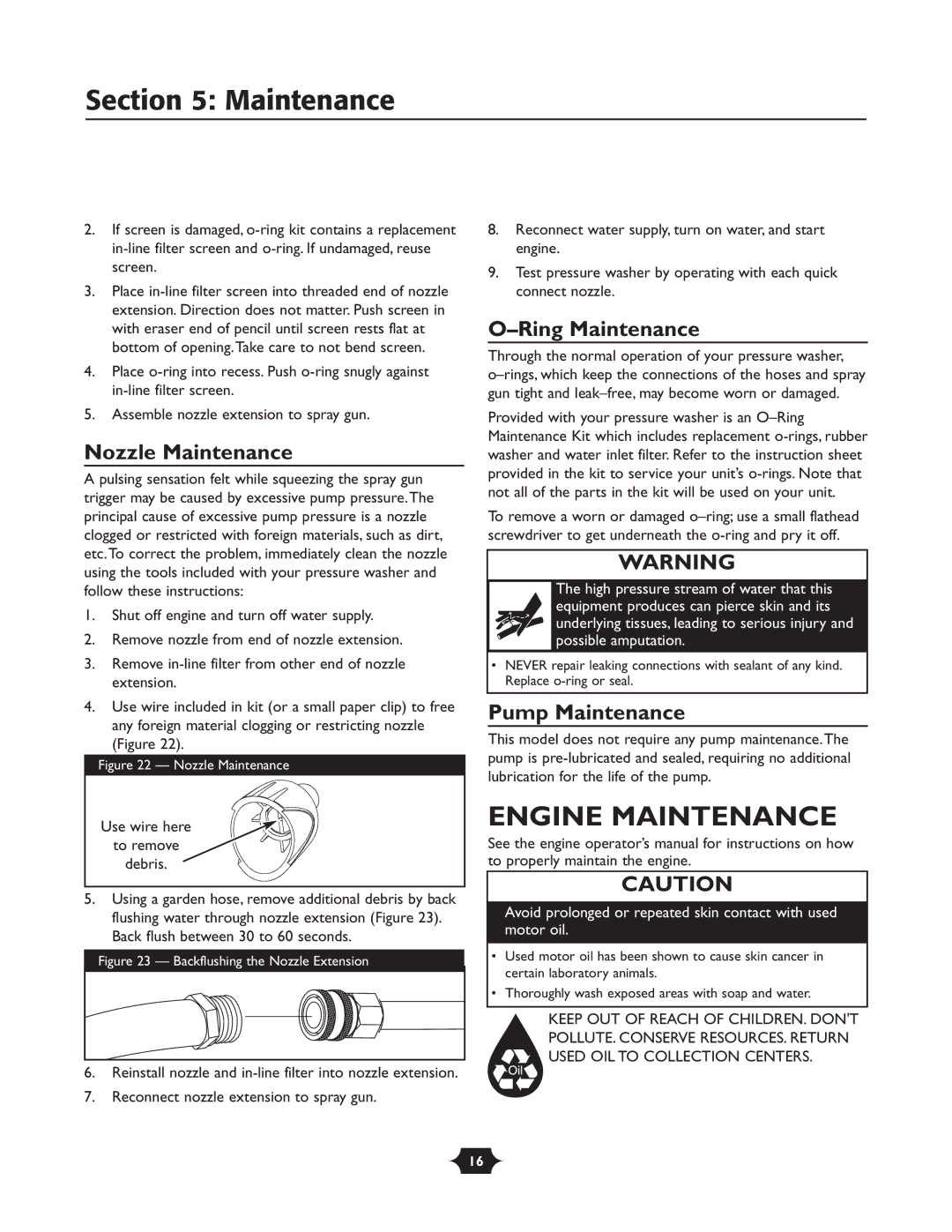 Briggs & Stratton 20263 manual Engine Maintenance, Nozzle Maintenance, Ring Maintenance, Pump Maintenance 