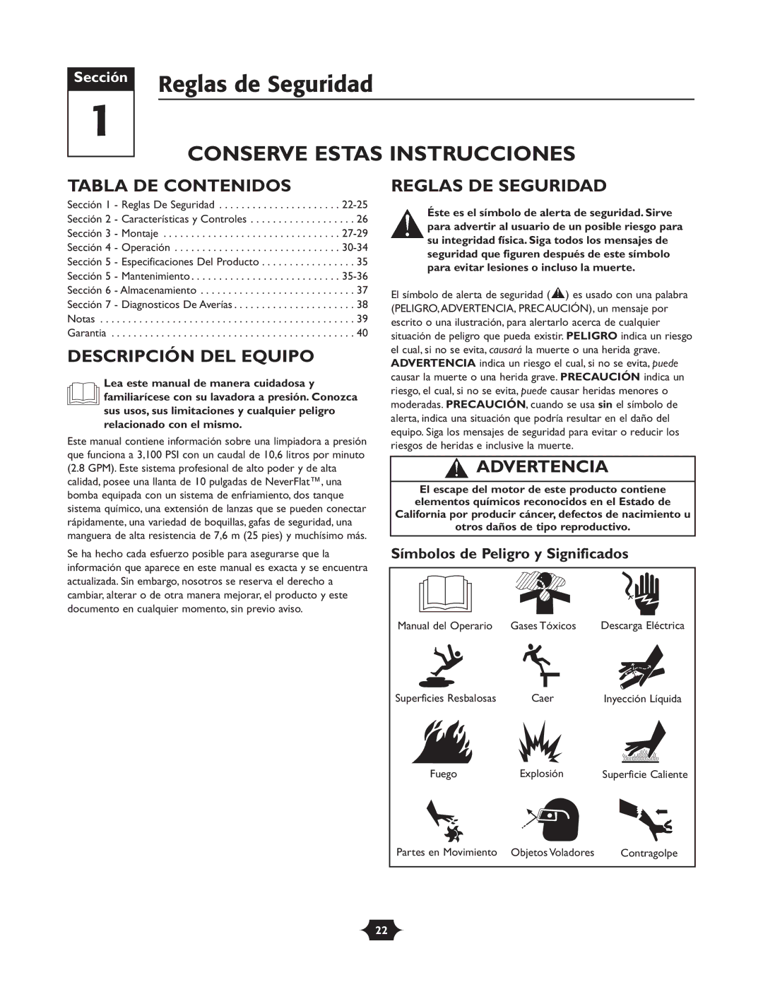 Briggs & Stratton 20263 Reglas de Seguridad, Tabla DE Contenidos, Descripción DEL Equipo, Reglas DE Seguridad, Advertencia 