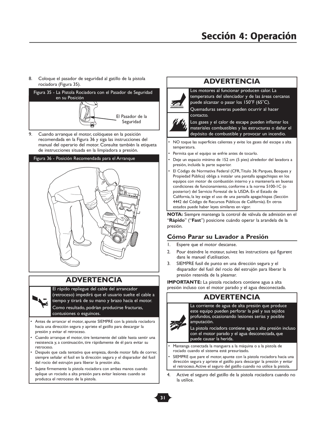 Briggs & Stratton 20263 manual Sección 4 Operación, Cómo Parar su Lavador a Presión, El Pasador de la Seguridad 