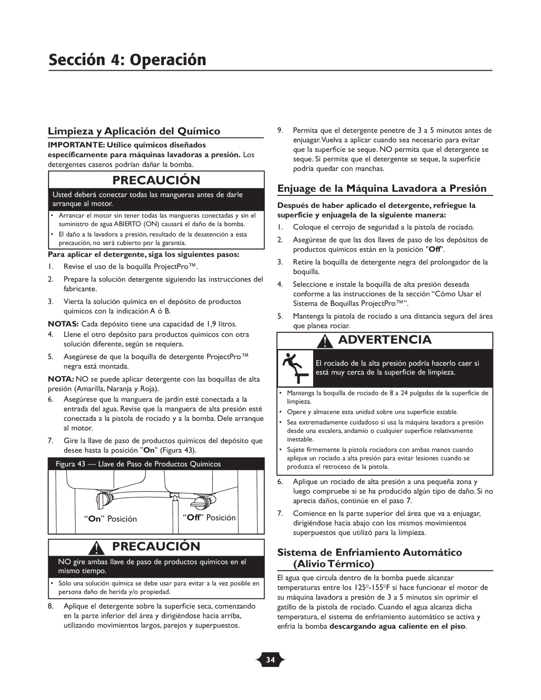 Briggs & Stratton 20263 manual Limpieza y Aplicación del Químico, Enjuage de la Máquina Lavadora a Presión 