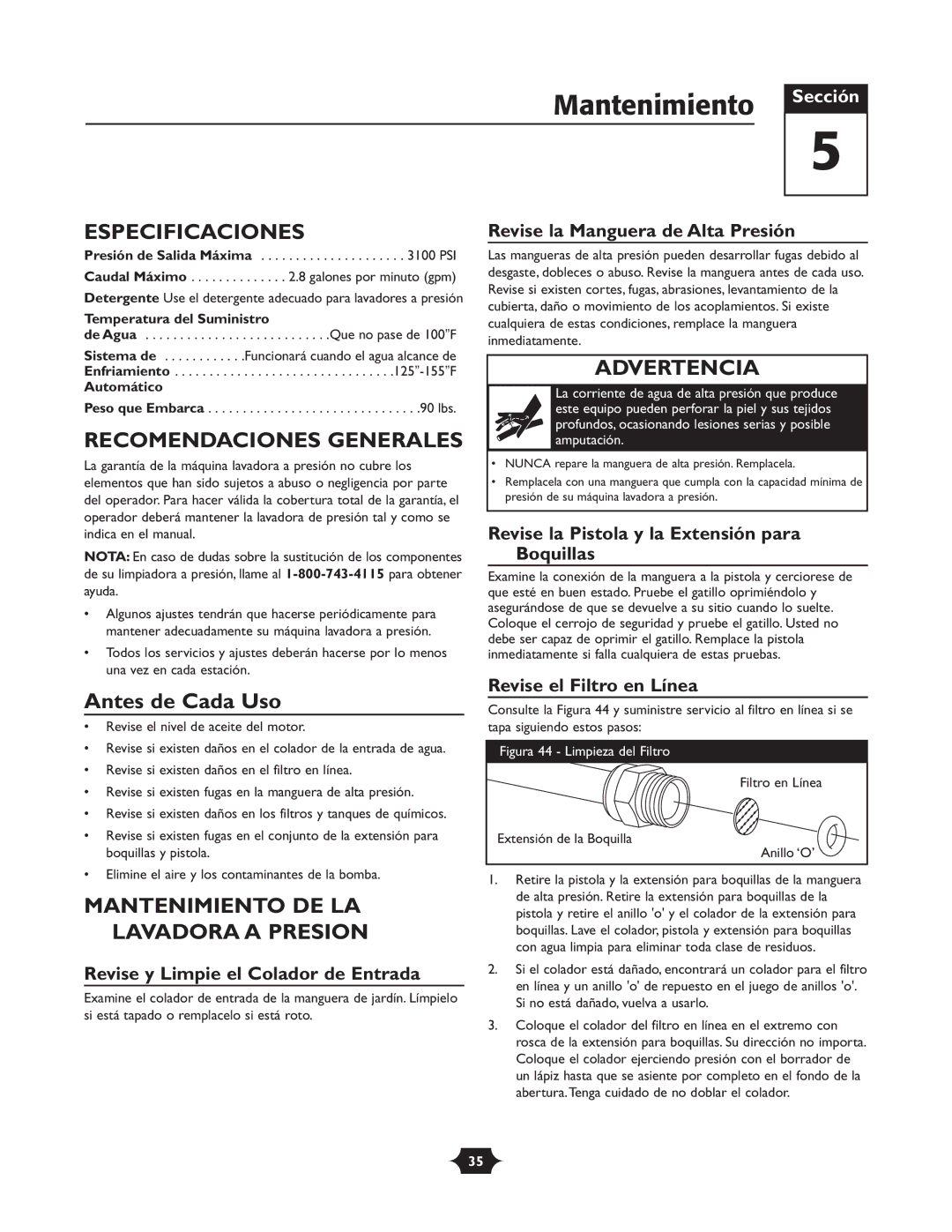 Briggs & Stratton 20263 manual Mantenimiento, Especificaciones, Recomendaciones Generales, Antes de Cada Uso 