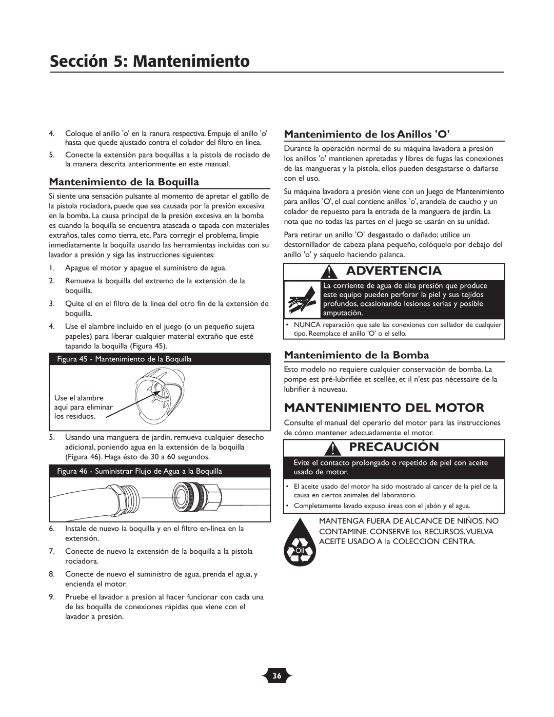 Briggs & Stratton 20263 manual Sección 5 Mantenimiento, Mantenimiento DEL Motor, Mantenimiento de la Boquilla 