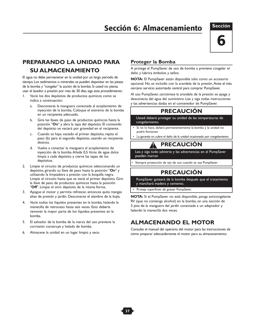 Briggs & Stratton 20263 manual Sección 6 Almacenamiento, Preparando LA Unidad Para SU Almacenamiento, Almacenando EL Motor 