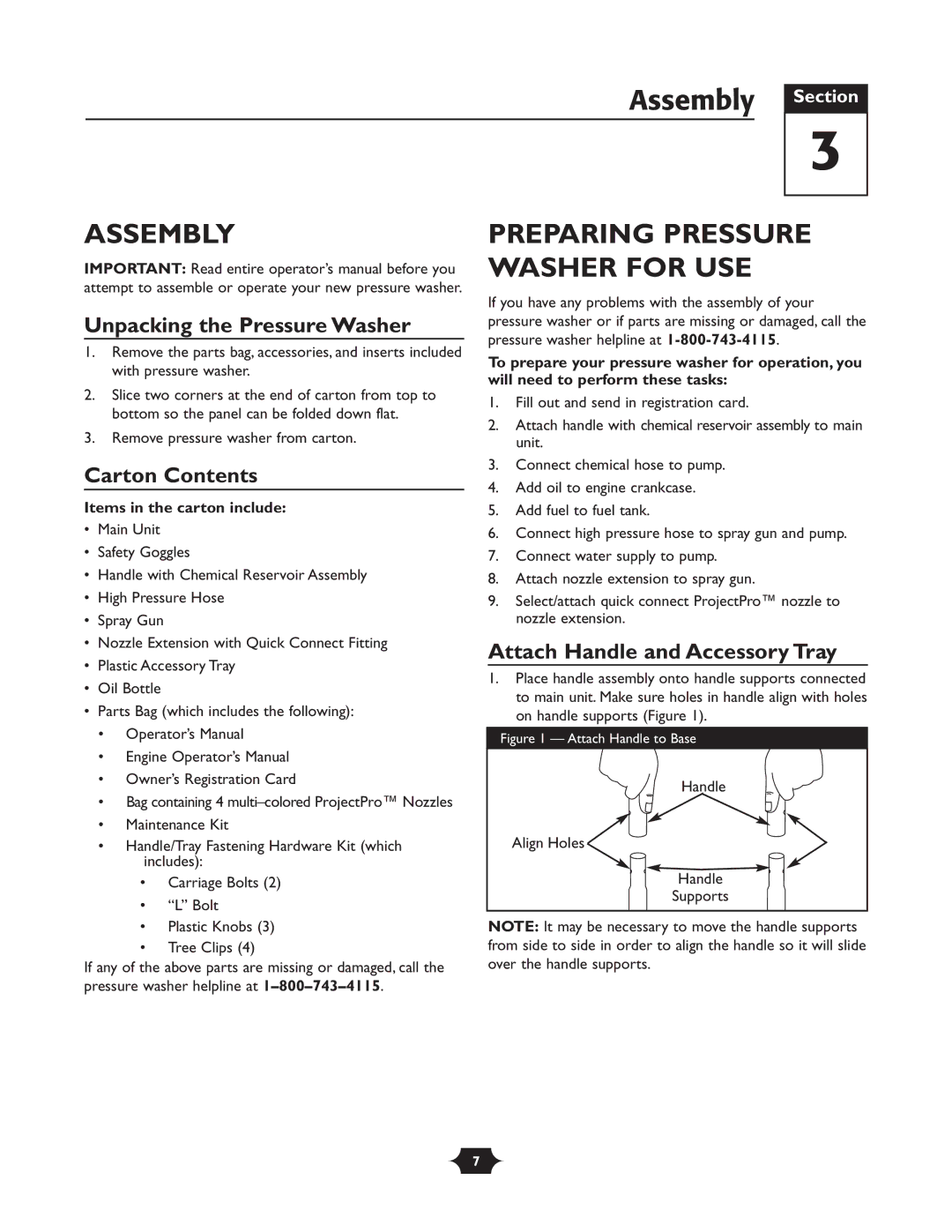 Briggs & Stratton 20263 manual Assembly Section, Preparing Pressure Washer for USE 