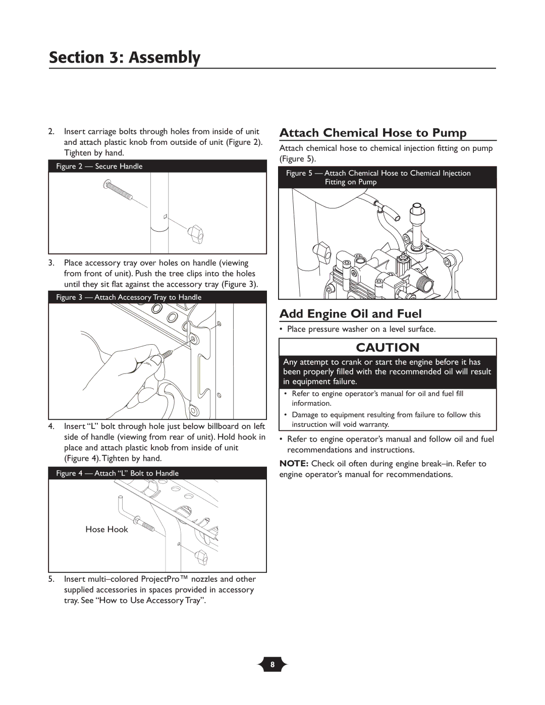 Briggs & Stratton 20263 manual Assembly, Attach Chemical Hose to Pump, Add Engine Oil and Fuel 