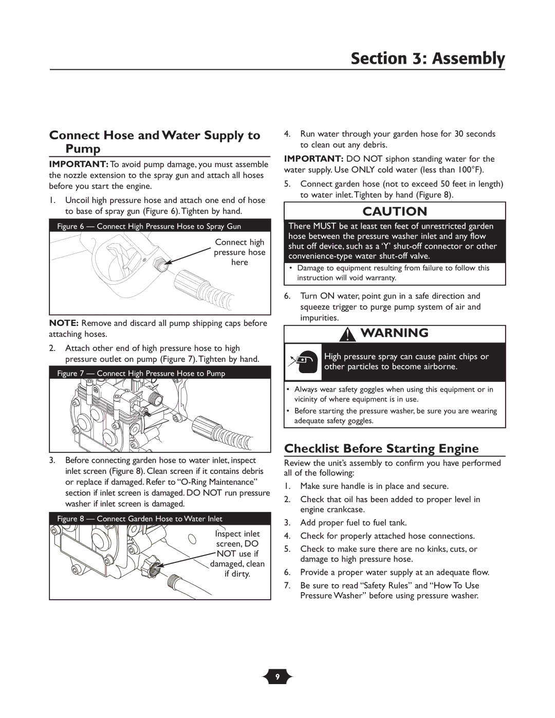 Briggs & Stratton 20263 manual Connect Hose and Water Supply to Pump, Checklist Before Starting Engine, Here, Not use if 