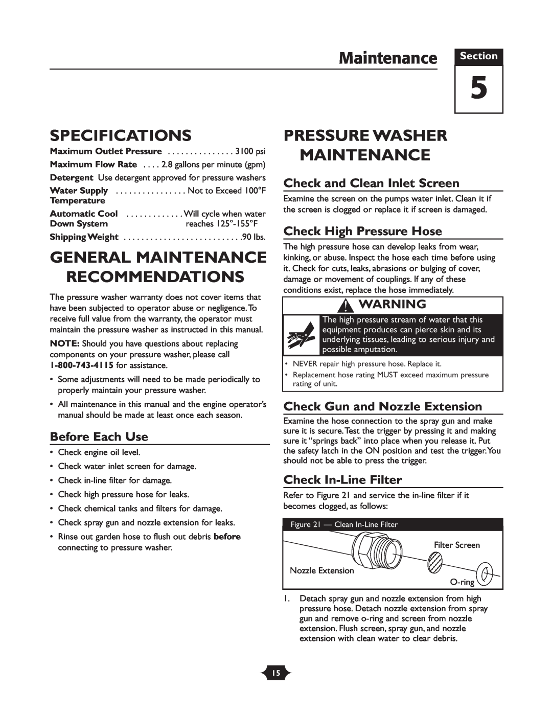 Briggs & Stratton 20263 manual Maintenance Section, Specifications, General Maintenance Recommendations, Before Each Use 