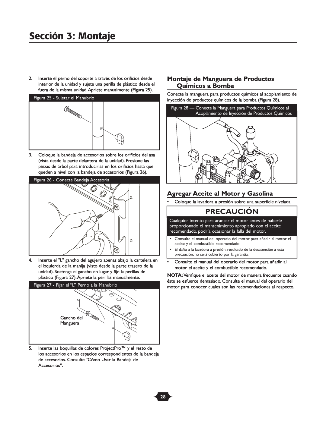 Briggs & Stratton 20263 manual Sección 3 Montaje, Montaje de Manguera de Productos Químicos a Bomba, Precaución 