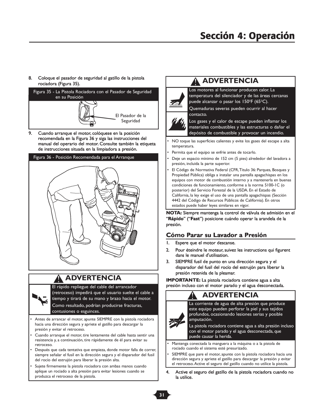 Briggs & Stratton 20263 manual Sección 4 Operación, Cómo Parar su Lavador a Presión, Advertencia 