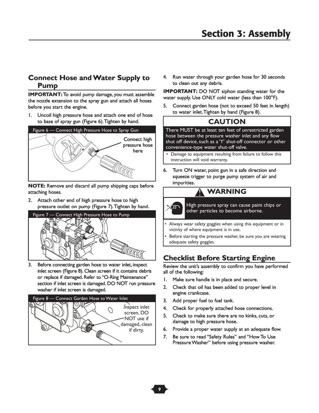 Briggs & Stratton 20263 manual Connect Hose and Water Supply to Pump, Checklist Before Starting Engine, Assembly 