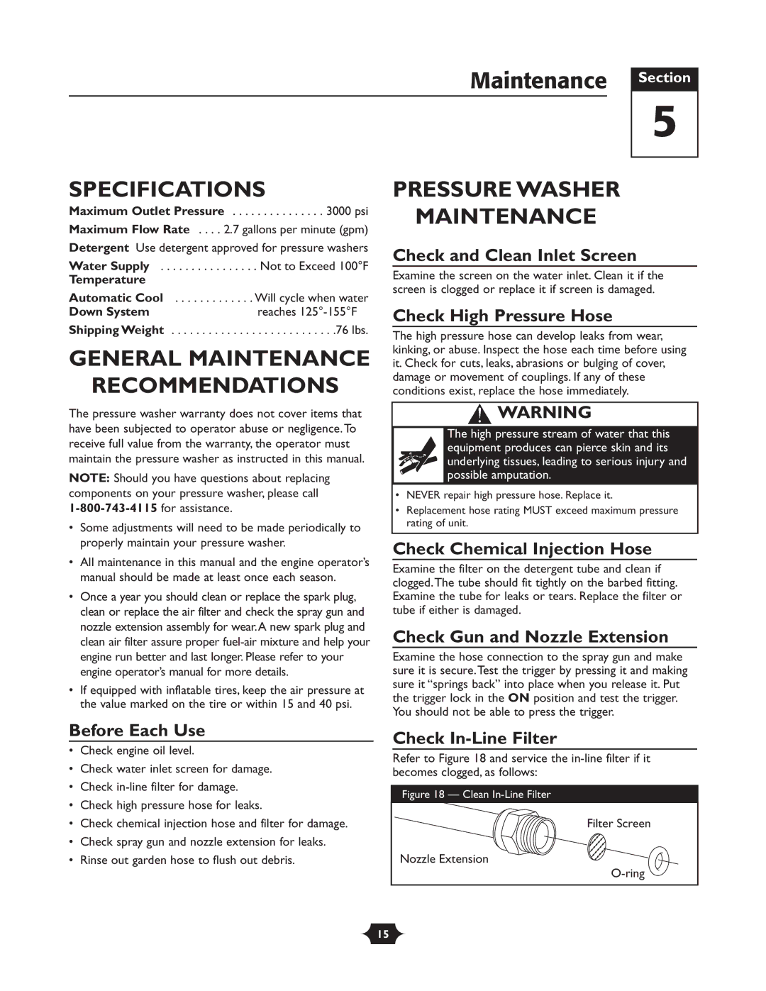 Briggs & Stratton 20270 operating instructions Maintenance Section, Specifications, General Maintenance Recommendations 