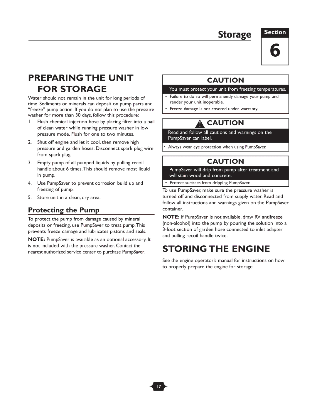 Briggs & Stratton 20270 operating instructions Preparing the Unit for Storage, Storing the Engine, Protecting the Pump 