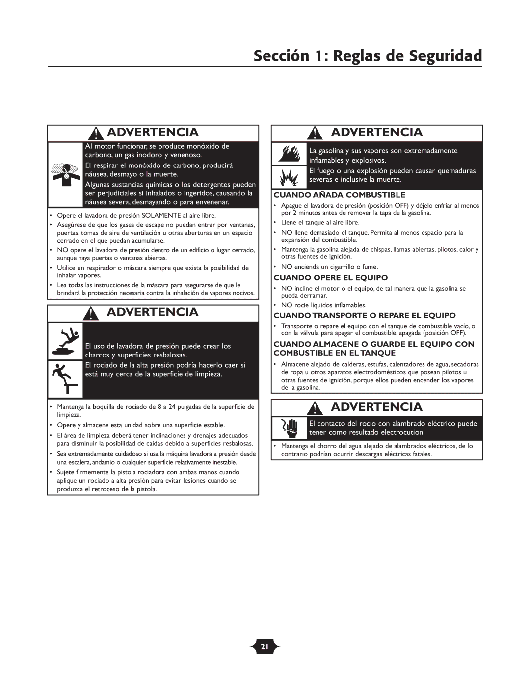 Briggs & Stratton 20270 operating instructions Sección 1 Reglas de Seguridad, Cuando Añada Combustible 