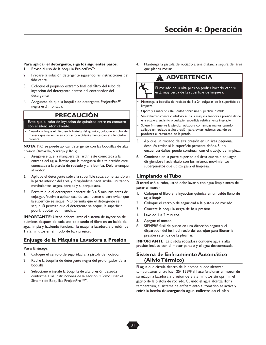 Briggs & Stratton 20270 operating instructions Enjuage de la Máquina Lavadora a Presión, Limpiando el Tubo, Para Enjuage 