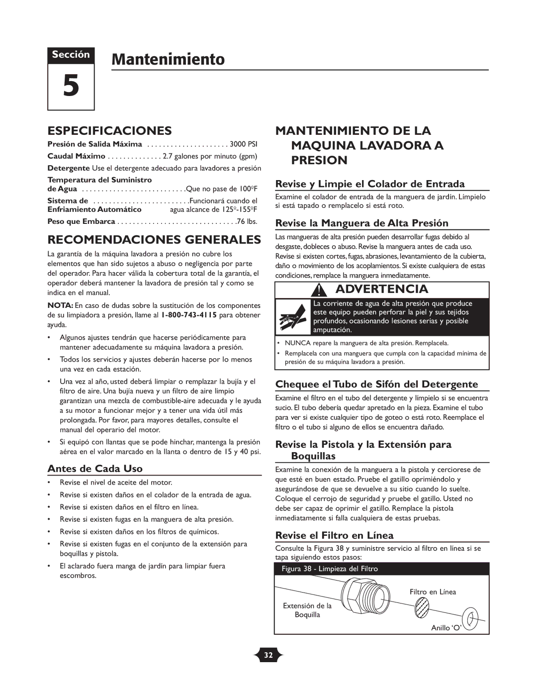 Briggs & Stratton 20270 operating instructions Mantenimiento, Especificaciones, Recomendaciones Generales 