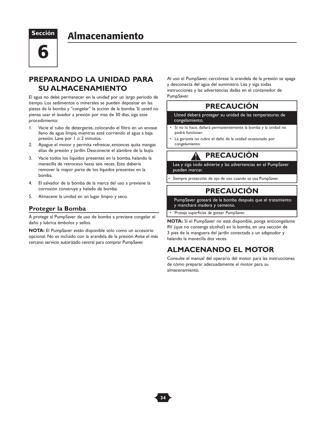 Briggs & Stratton 20270 Preparando LA Unidad Para SU Almacenamiento, Almacenando EL Motor, Proteger la Bomba 