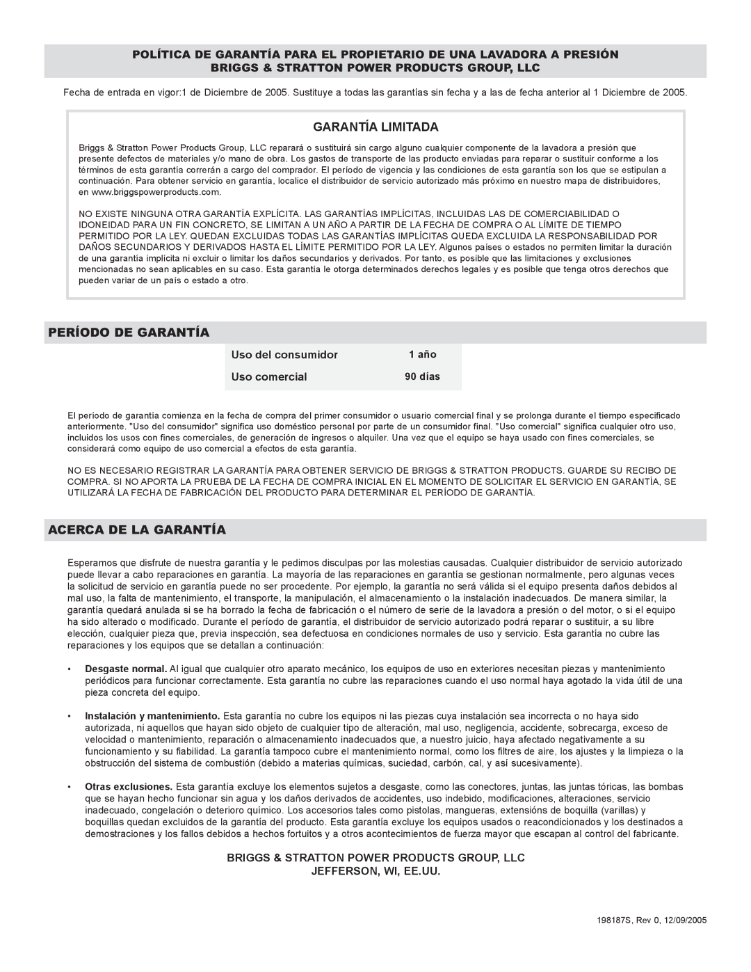 Briggs & Stratton 20270 operating instructions Uso del consumidor, Uso comercial 