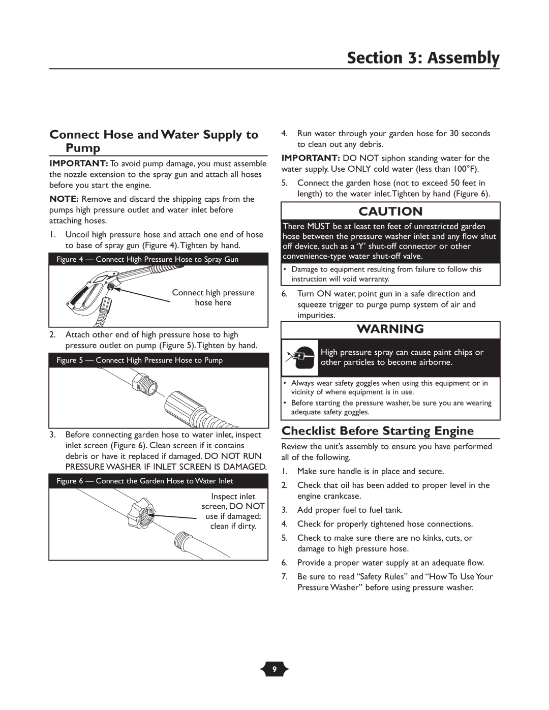 Briggs & Stratton 20270 operating instructions Connect Hose and Water Supply to Pump, Checklist Before Starting Engine 