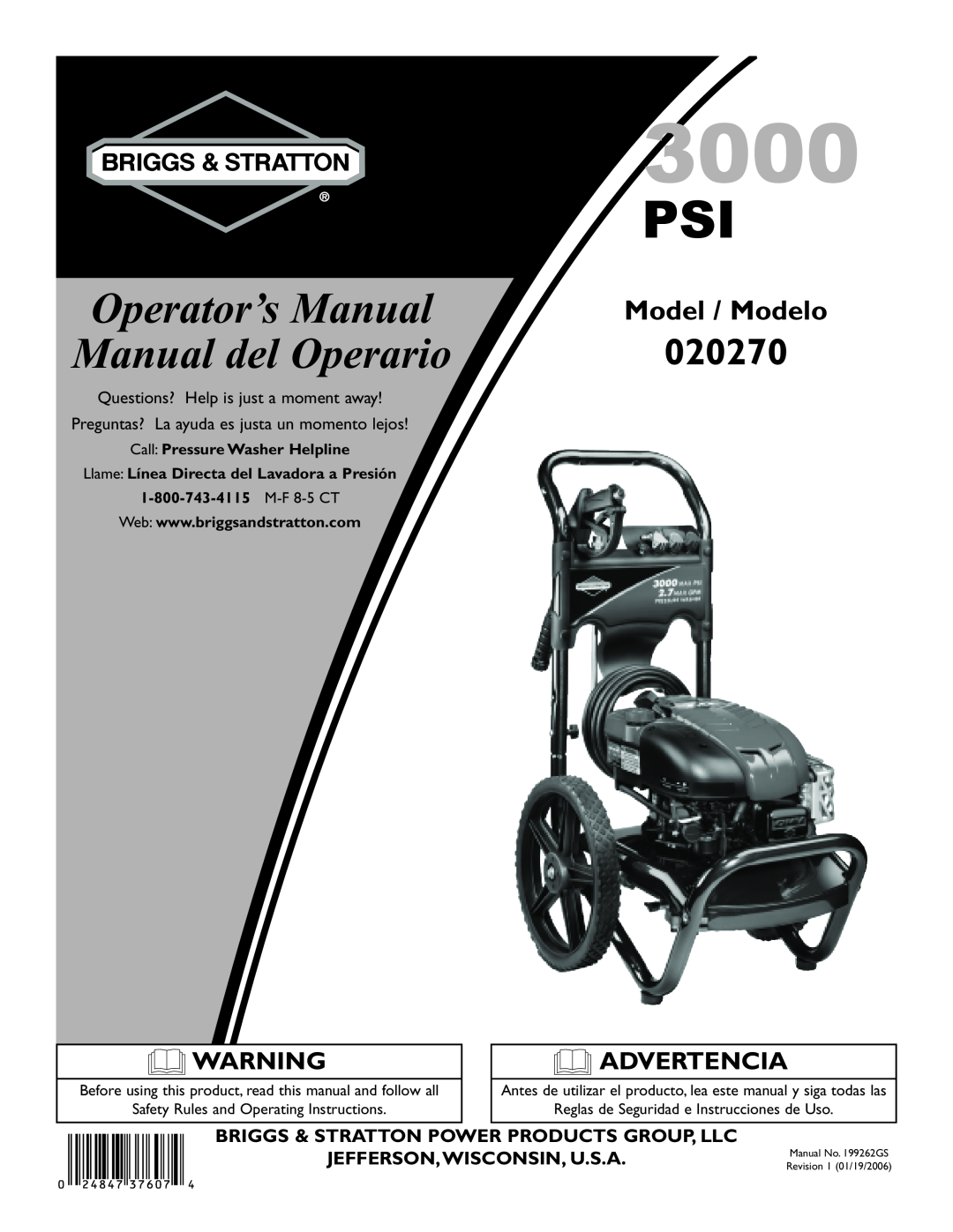 Briggs & Stratton operating instructions Model / Modelo, Briggs & Stratton Power Products Group, Llc, 020270 