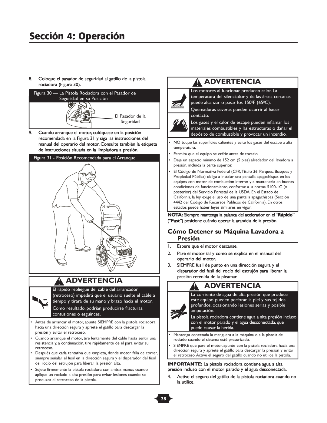 Briggs & Stratton 20270 operating instructions Sección 4 Operación, Cómo Detener su Máquina Lavadora a Presión, Advertencia 